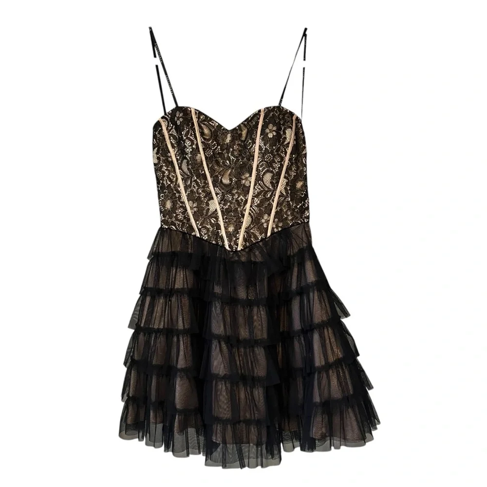 Vintage 90s Masquerade Strapless Black Gold Tiered Tulle Tutu Skirt Dress,Sz 5/6 - Picture 3 of 15